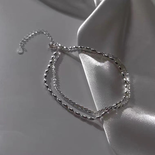 S925 Sterling Silver Rice Grain Gypsophila Double Layer Anklet Women's New Trendy Anklet Women's Foot Chain Foot Jewelry