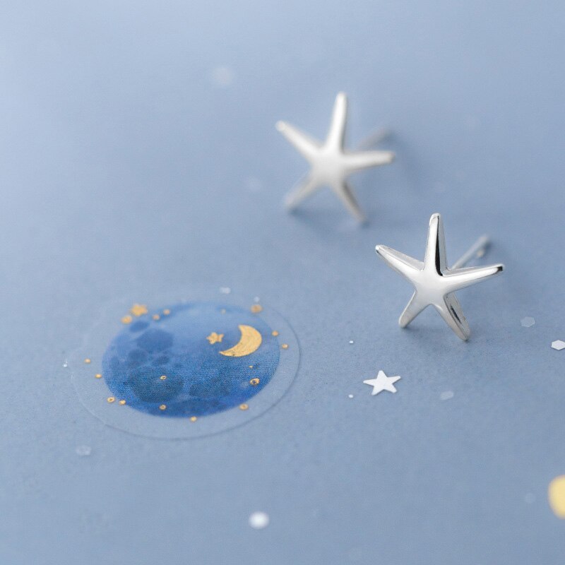 925 Sterling Silver Sweet Smooth Surface Star Starfish Stud Earrings For Women Wedding Jewelry Gift DS2200