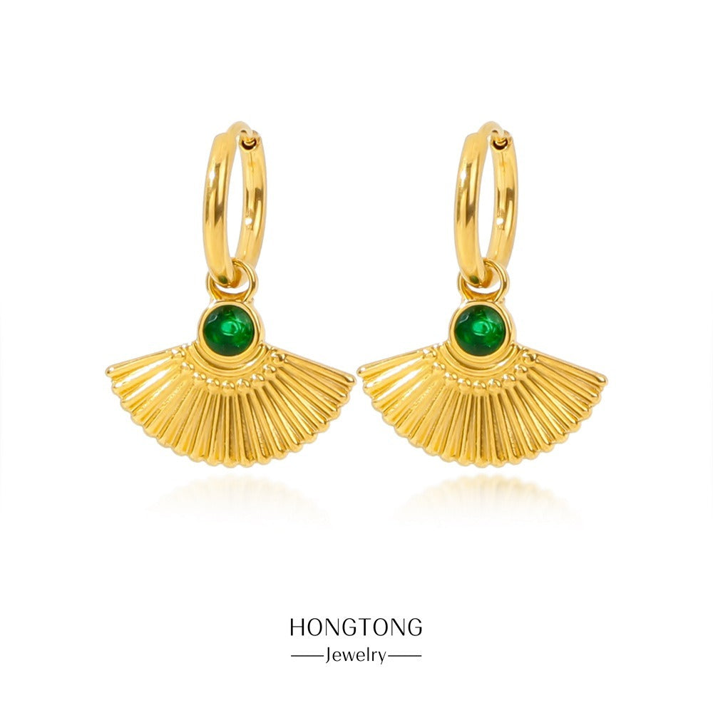 New Retro Round Green Zircon Fan Shaped Pendant Earrings 18K Gold Stainless Steel Earrings For Women