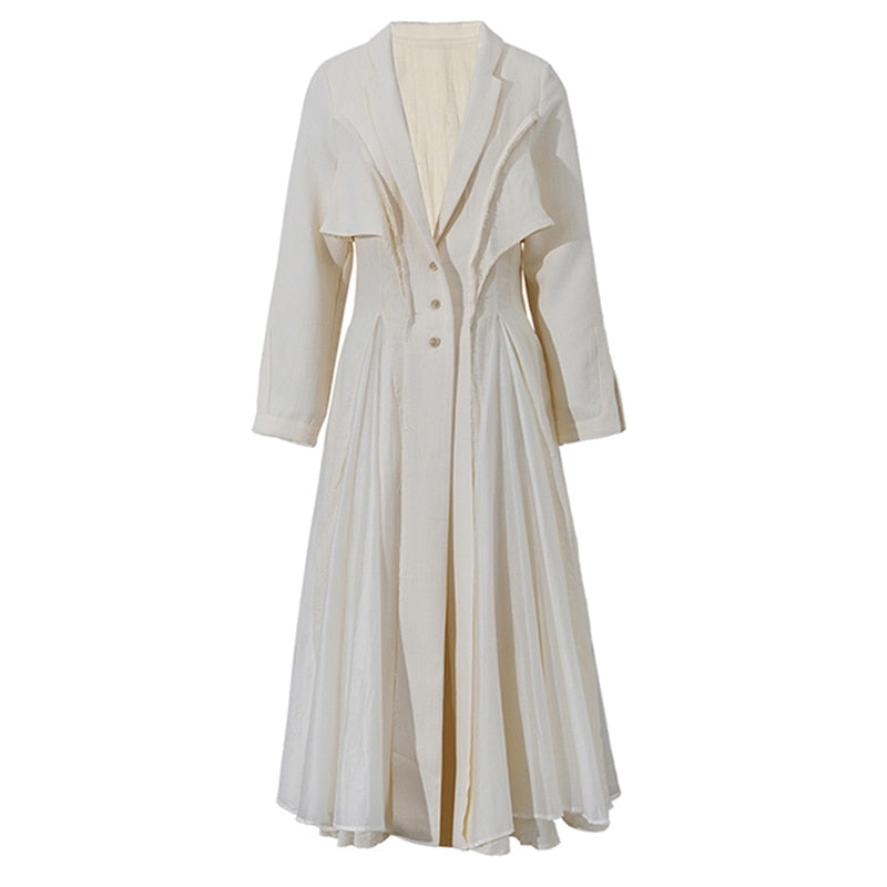 Women Beige Pleated Linen Long Elegant Dress New Lapel Neck Long Sleeve Loose Fit Fashion Tide Spring Autumn