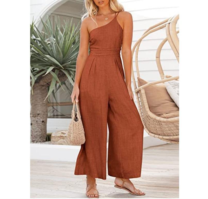 Women's sexy camisole waist wide leg sleeveless cotton linen jumpsuit