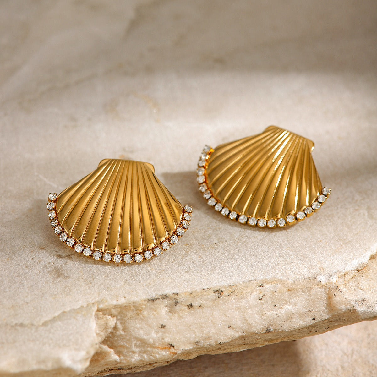 Scalloped shell earrings with rhinestones and titanium steel earrings