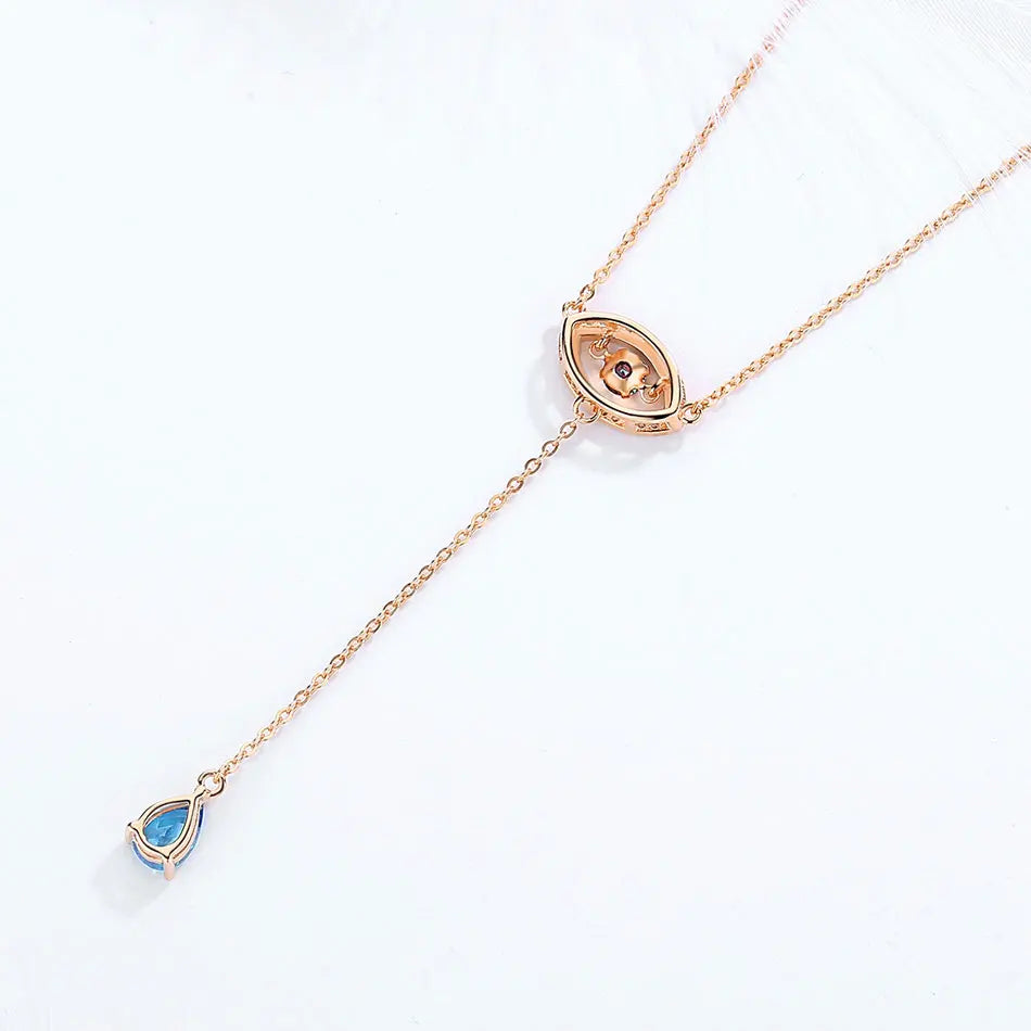 925 Sterling Silver Necklace Women Water Drop Pendant Evil Eye Necklace Blue Zircon Long Chain Turkey Jewelry