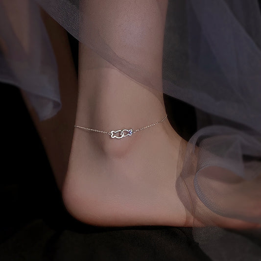 Kissing Fish Anklet 925 Sterling Silver Silver Fish Anklet Small Fresh Forest Series Small Foot Ring Summer New Trend