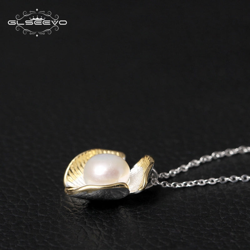 GLSEEVO 925 Sterling Silver Natural White Pearl Pendant Necklace Three Lerf Link Chain Necklace Kolye Bayan Bijoux Femme GN0011