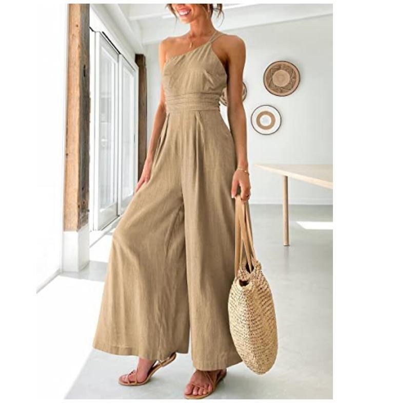 Women's sexy camisole waist wide leg sleeveless cotton linen jumpsuit