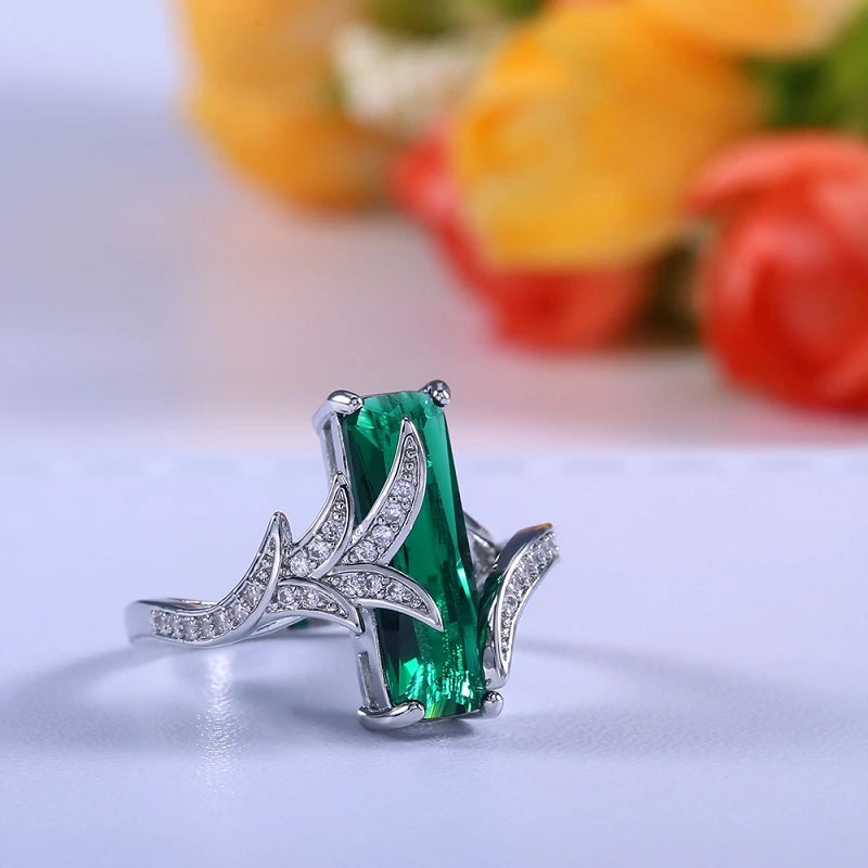 Trendy Silver 925 Jewelry Rings with Rectangle Shape Green Topaz Gemstone Ring for Women Wedding Party Gift size 6-10